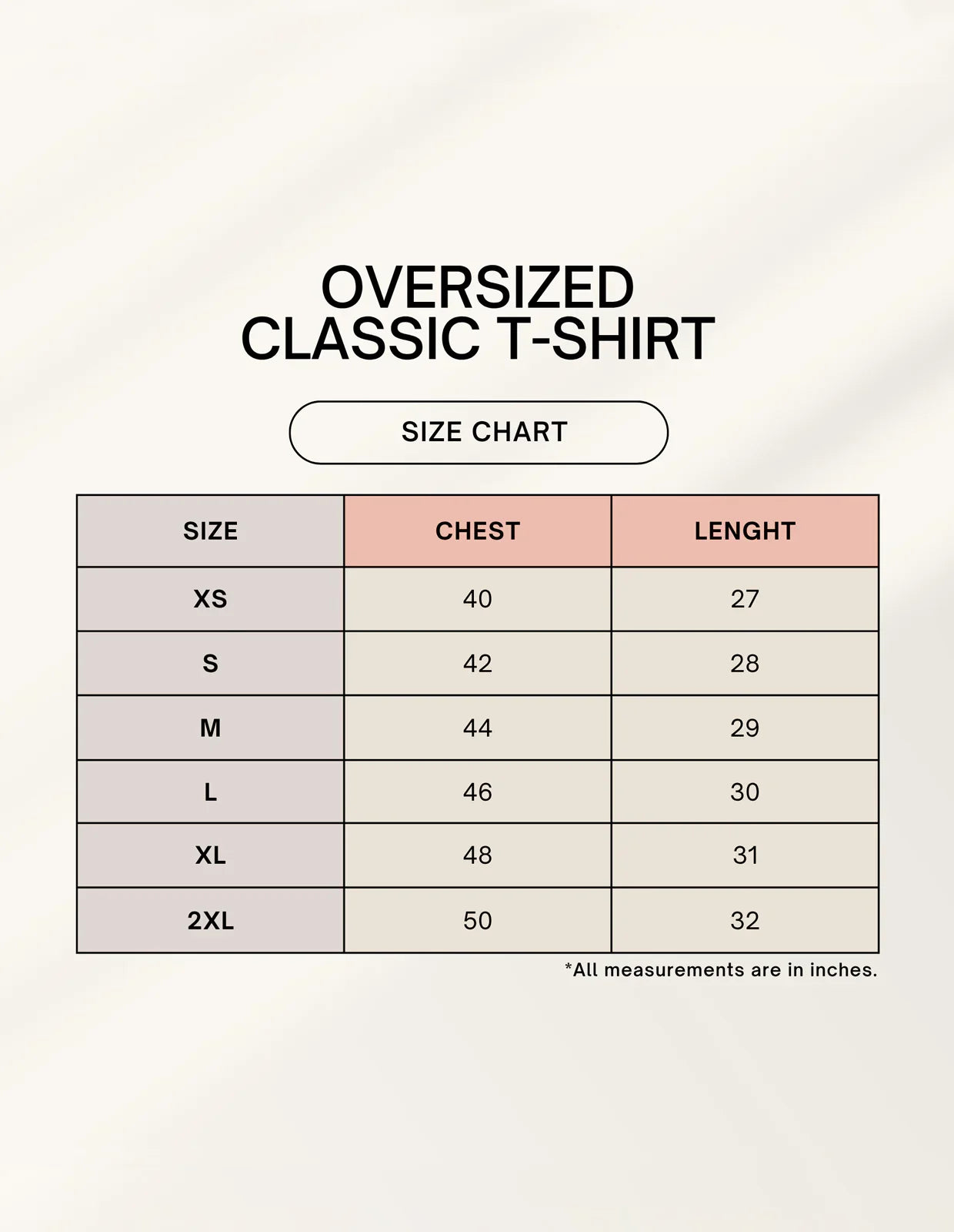 Unisex Oversized Classic T-Shirt with measurements in inches