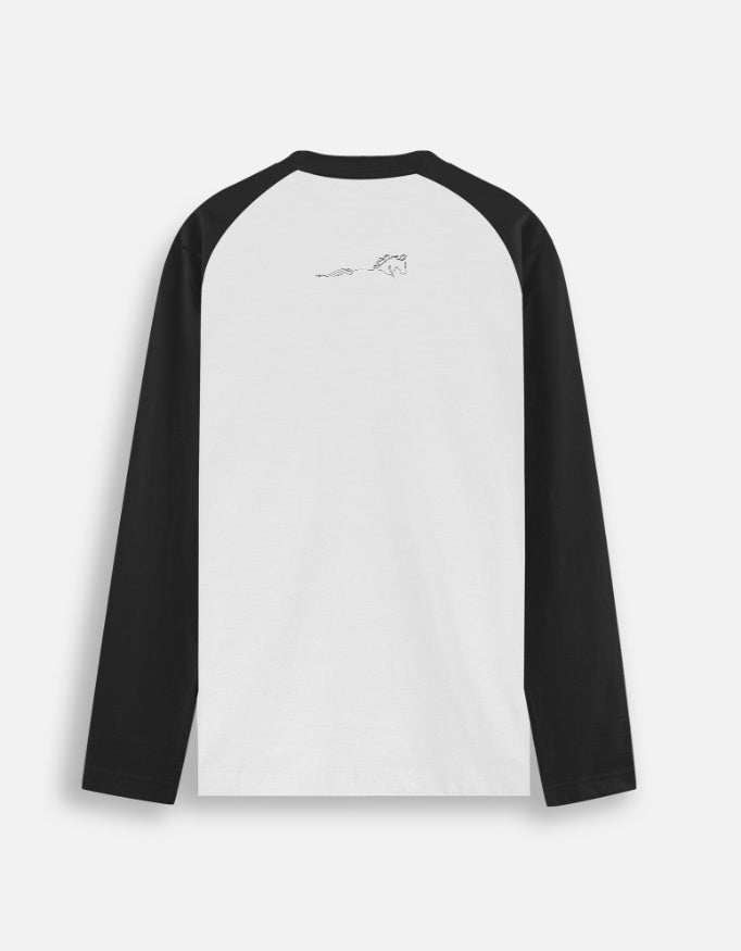 Unisex black and white raglan baseball t-shirt with grayscale figures