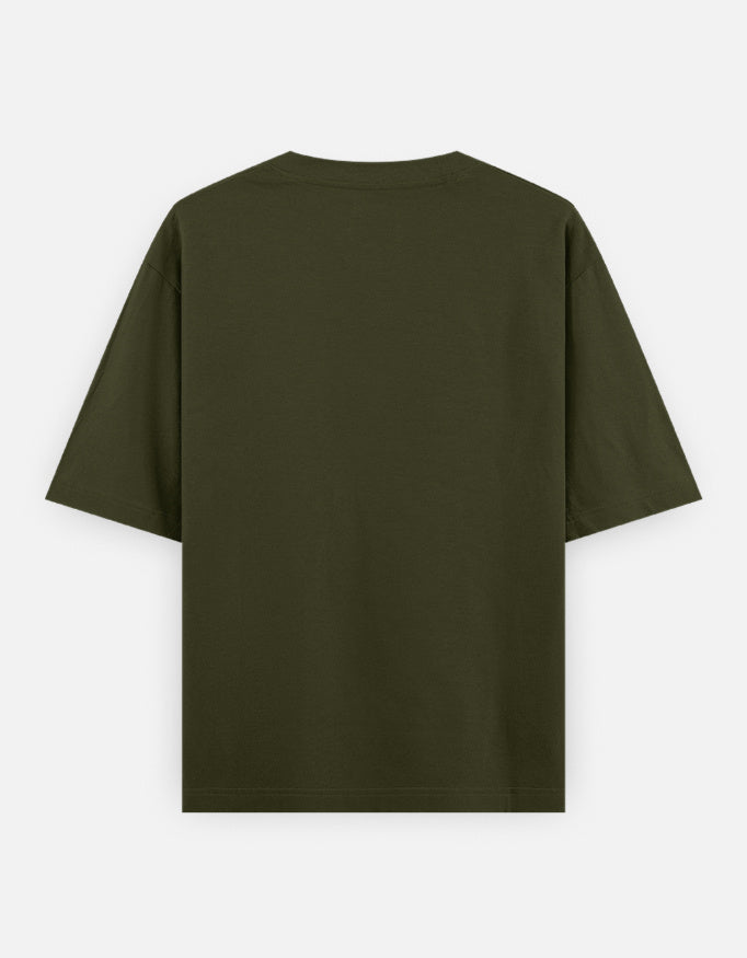 Olive green oversized unisex t-shirt with relaxed fit and short sleeves