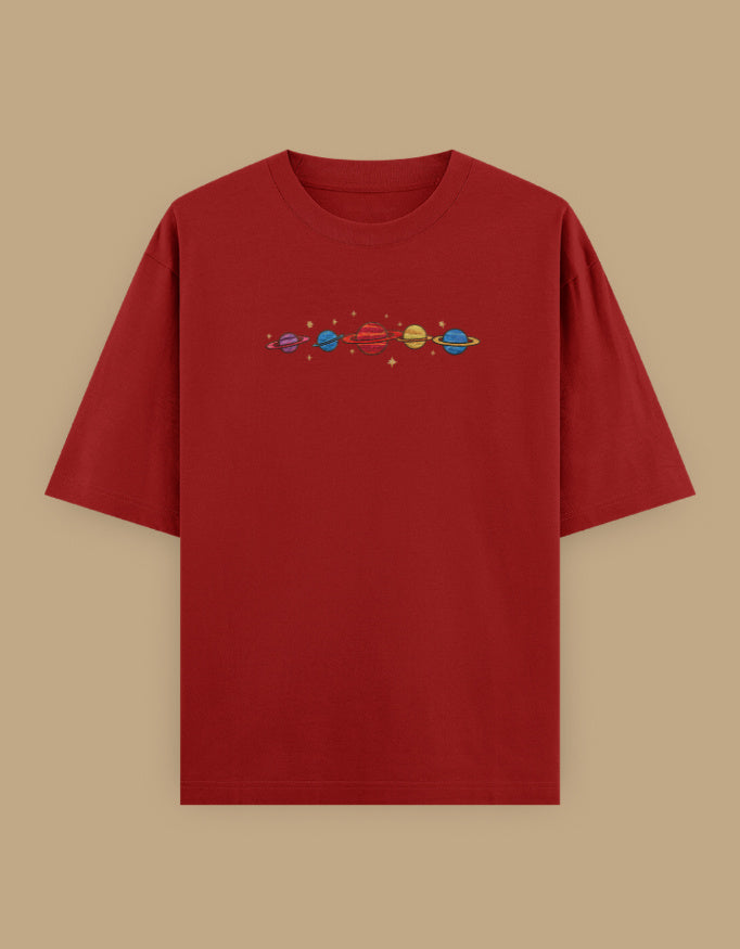 Red oversized t-shirt with colorful planets embroidery on the chest