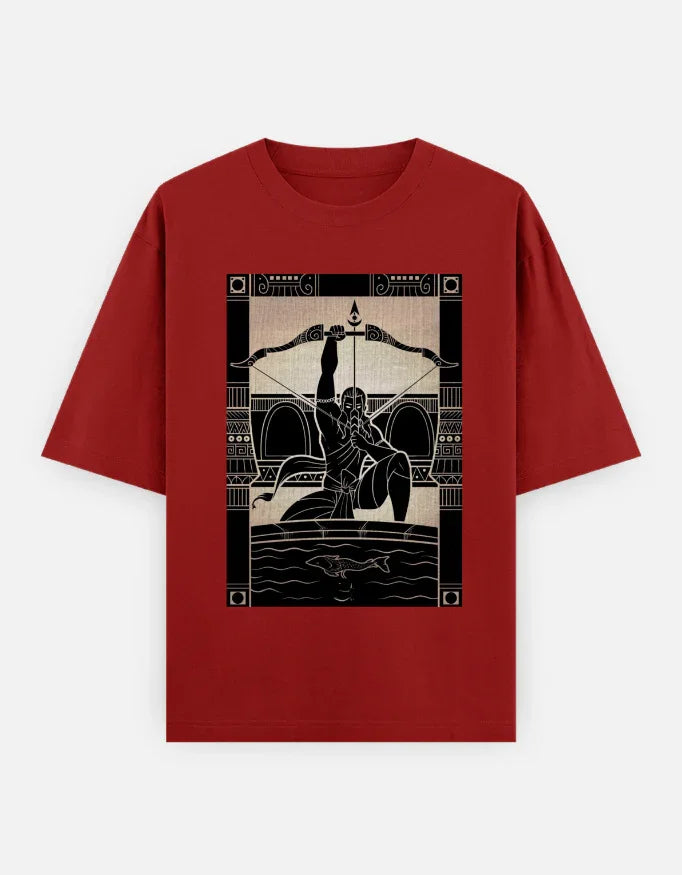 Red unisex oversized t-shirt with black archer graphic