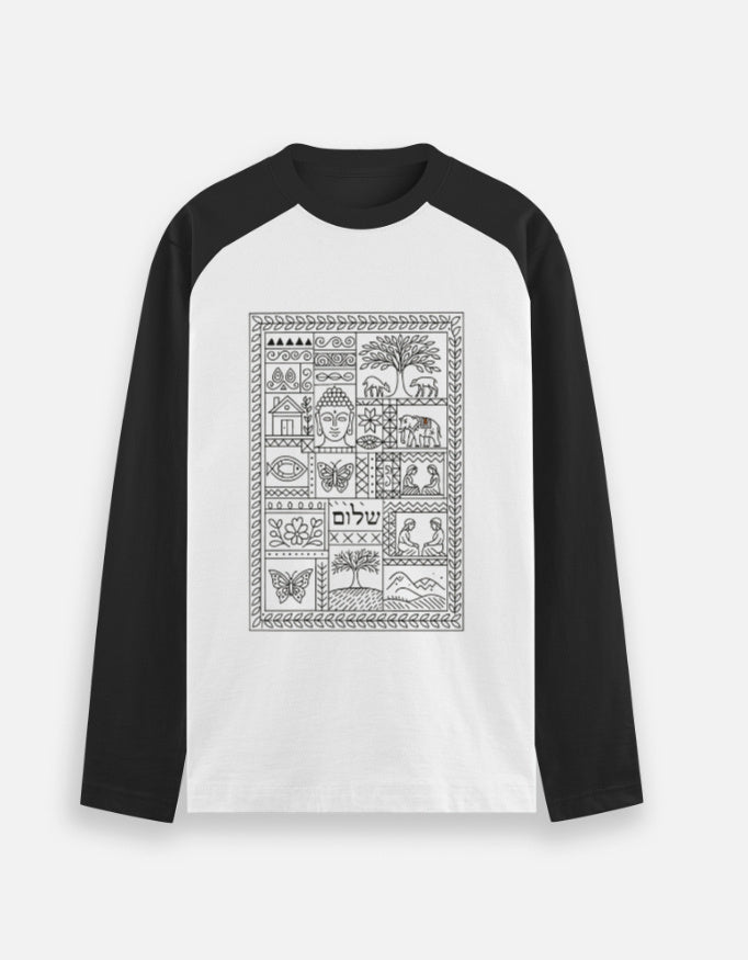 Unisex raglan t-shirt with black white Hebrew graphic design