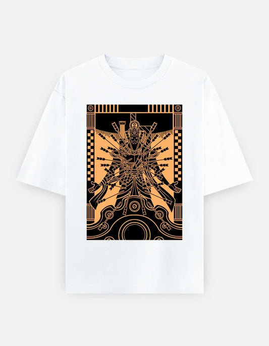 Unisex oversized classic t-shirt with white base, gold and black stylized figure graphic