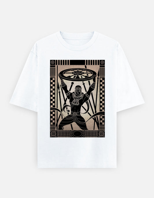 Unisex oversized white graphic tee with black warrior shield sword print