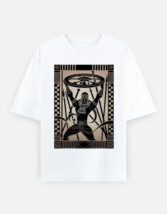 Unisex oversized white graphic tee with black warrior shield sword print