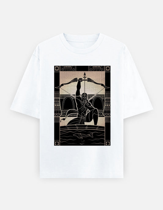 Unisex oversized white t-shirt with black Greek mythology archer graphic