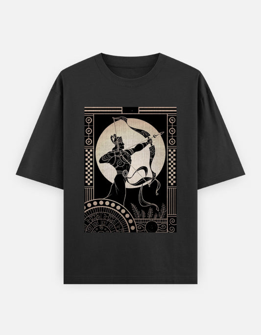 Arjun oversized black t-shirt with centaur bow graphic