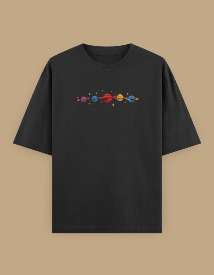 Black oversized t-shirt with colorful planets embroidery on the chest