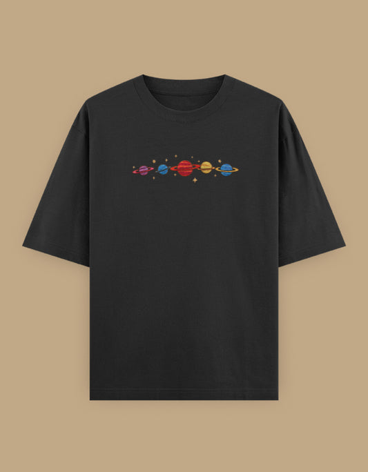 Black oversized t-shirt with colorful planets embroidery on the chest