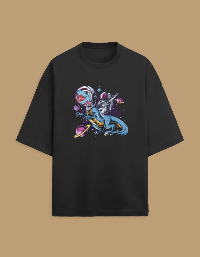 Black t-shirt with graphic of astronaut dinosaur in space with planets