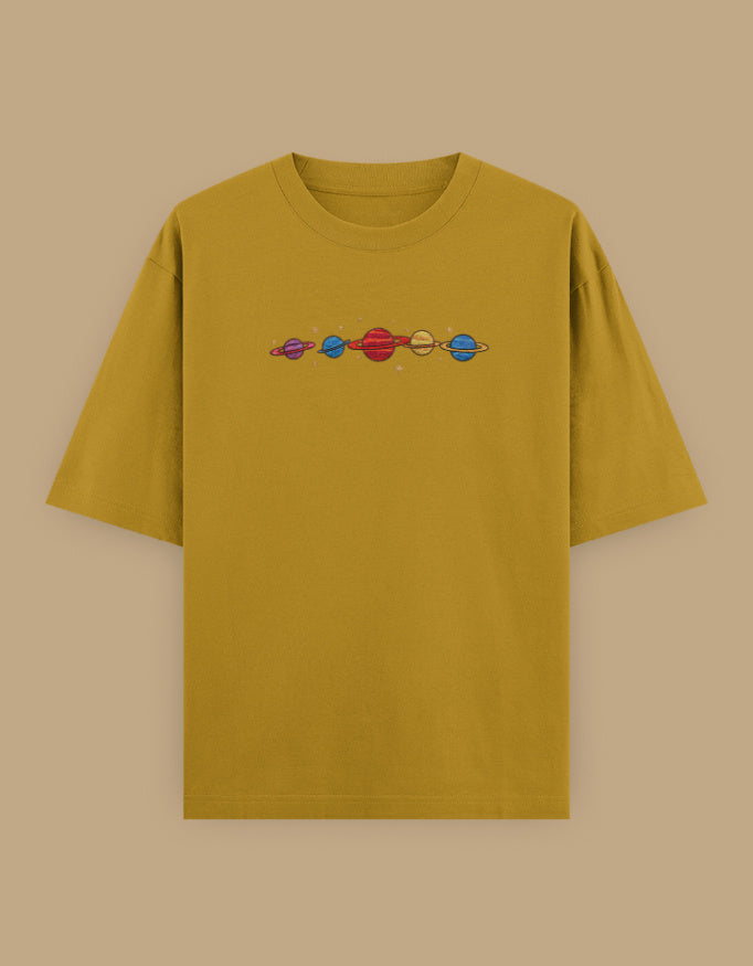 MustardYellow oversized t-shirt with colorful planets embroidery on the chest