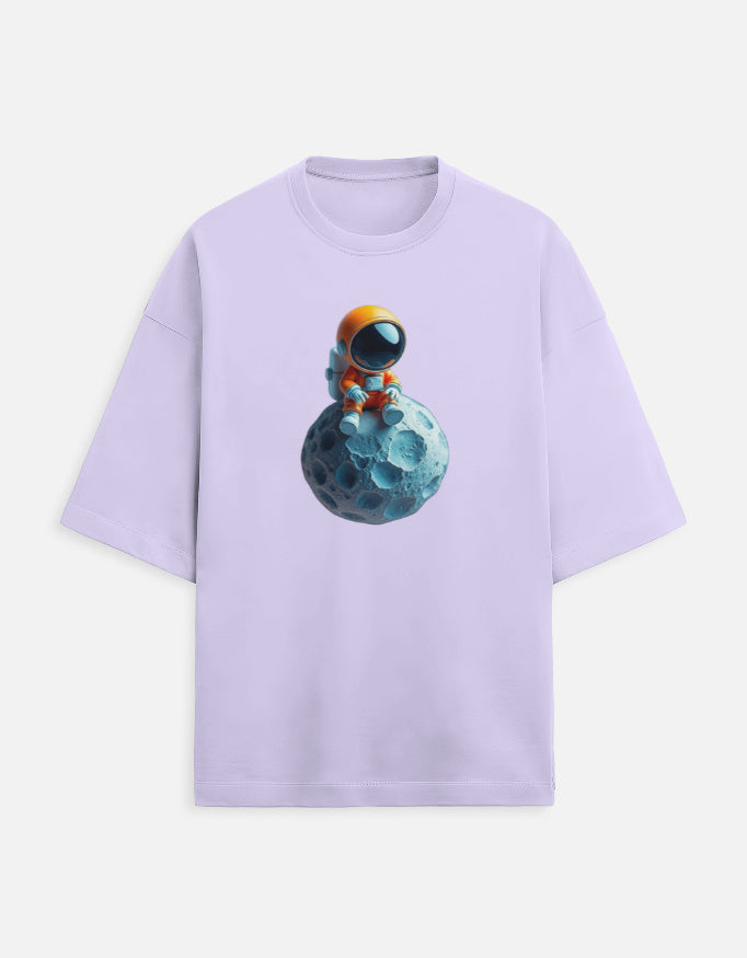 Lilac t-shirt with cartoon astronaut sitting on blue moon graphic, space theme apparel