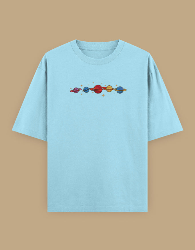BabyBlue oversized t-shirt with colorful planets embroidery on the chest