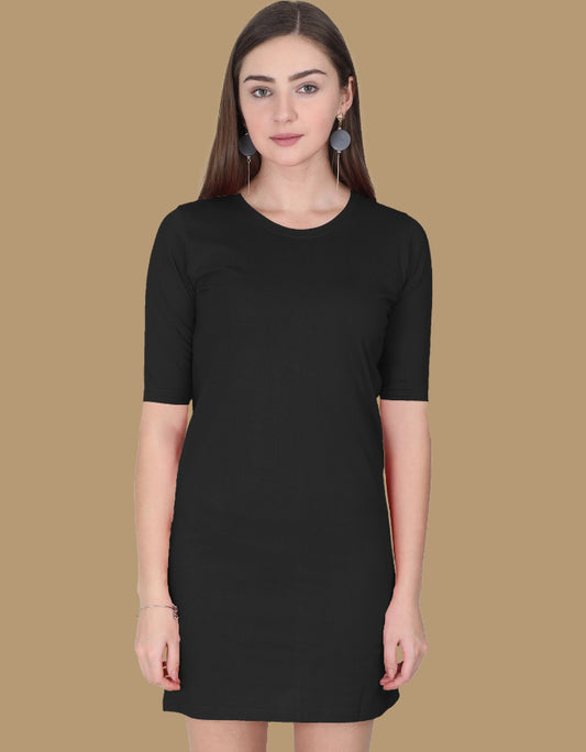 Woman wearing a black dress against a brown background