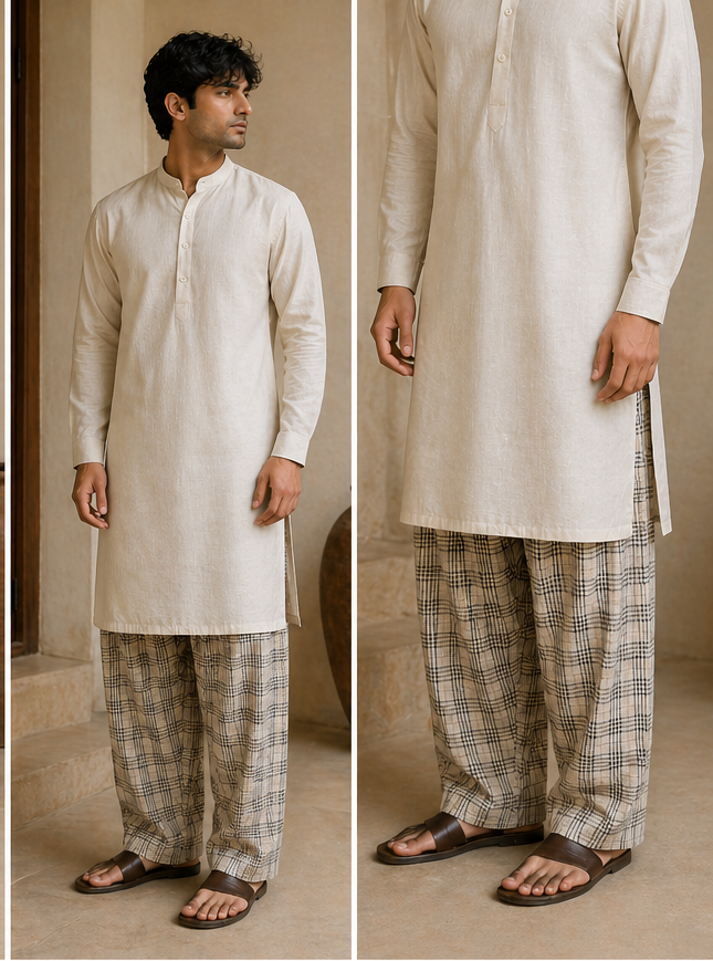 Man wearing a traditional kurta with checkered pants in a neutral setting