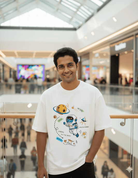 Smiling man in astronaut graphic t-shirt standing in modern shopping mall