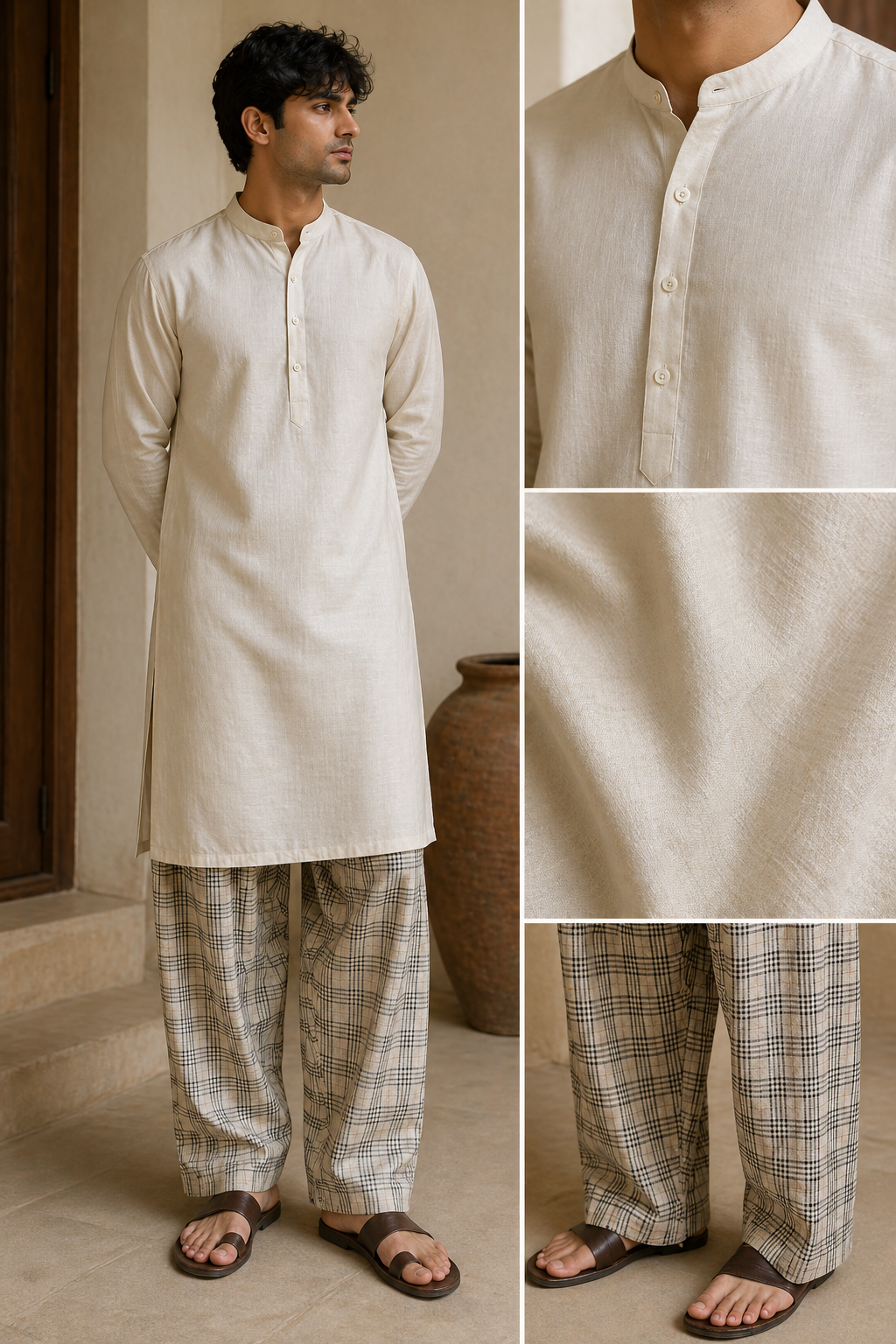 Man wearing a beige kurta with plaid pants, standing against a neutral background.