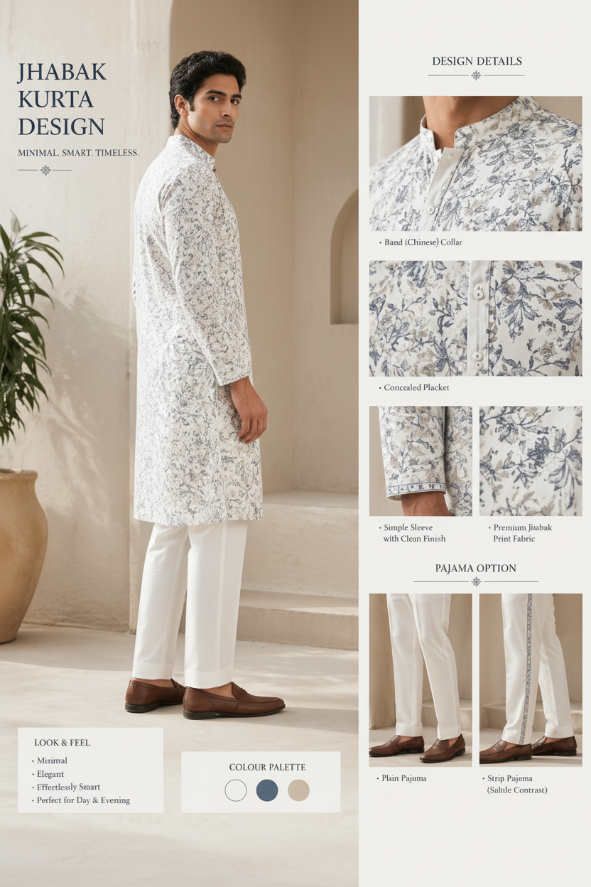 Man wearing a white kurta with floral patterns, design details shown on the right.