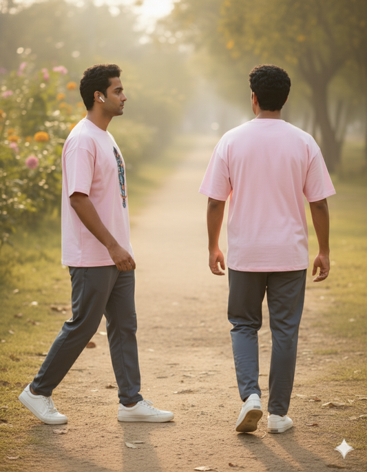 Two men in pink t-shirts walking on a park path, wearing white sneakers and grey pants