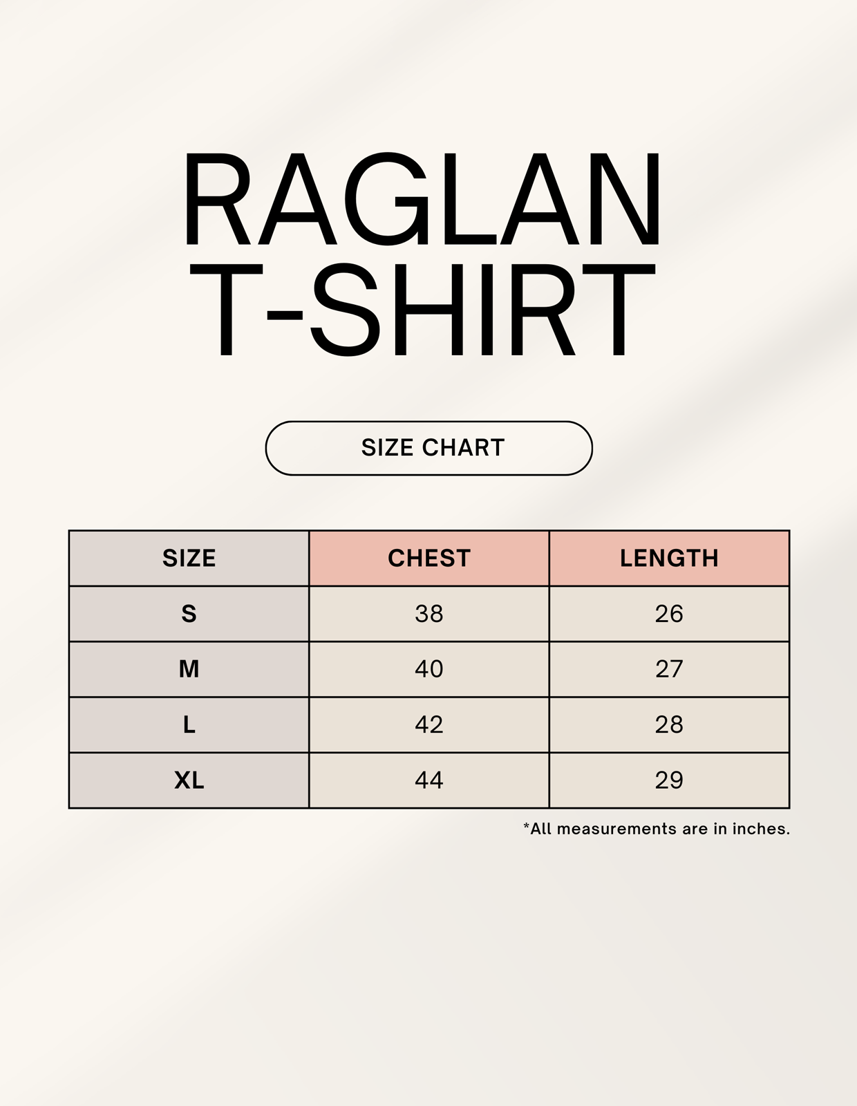 Unisex white raglan t-shirt with black text chart and size guide in inches