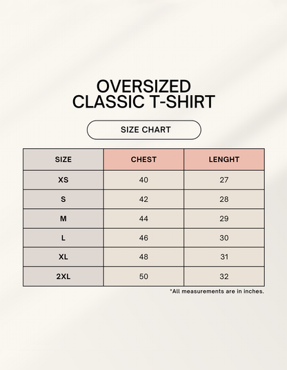 Unisex Oversized Classic T-Shirt with chest and length measurements in inches