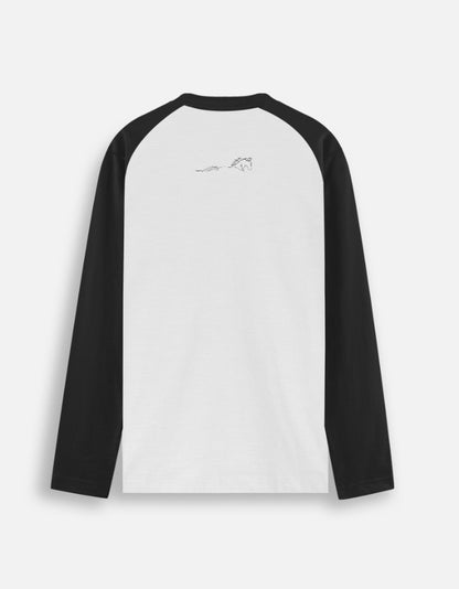 Unisex black and white raglan baseball t-shirt with grayscale figures