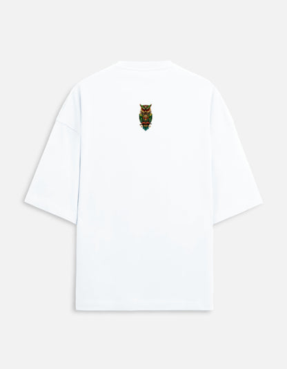 White unisex terry oversized tee with owl design on back