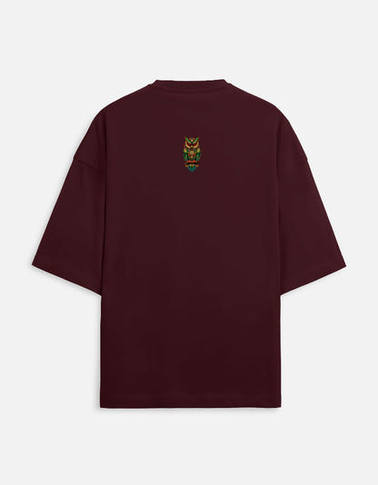 Maroon Unisex Terry Oversized Tee with Colorful Owl Design