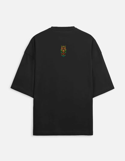 Black oversized unisex terry tee with colorful owl design on back