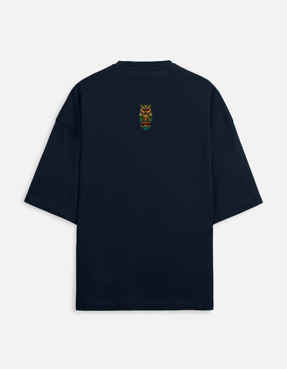 Navy blue Unisex Terry Oversized Tee with colorful owl design on back