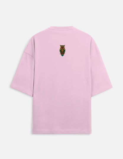 Pink unisex oversized terry tee with owl graphic, short sleeves, crew neck
