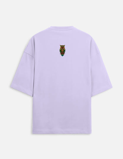 Lavender unisex terry oversized tee with owl design on back