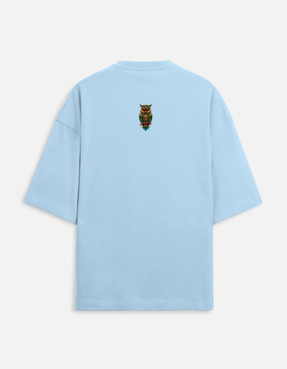 Light blue unisex terry oversized tee with cotton owl design on back