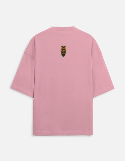 Pink Unisex Terry Oversized Tee with Green Owl Design