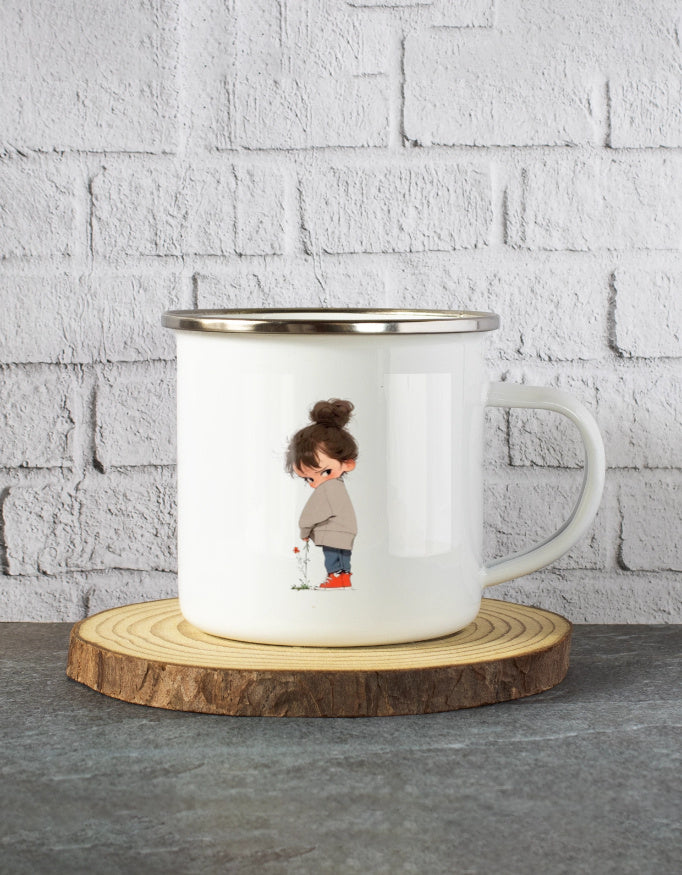 White Enamel Mug with cute girl print- 11 oz - Premium Outdoor-Grade - best for gifting
