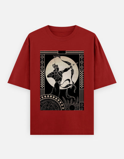 Red Arjun t-shirt with centaur bow and moon graphic