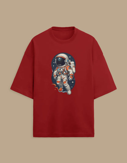 Red T-shirt with astronaut graphic and space background, space-themed apparel