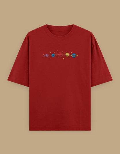 Red oversized t-shirt with colorful planets embroidery on the chest