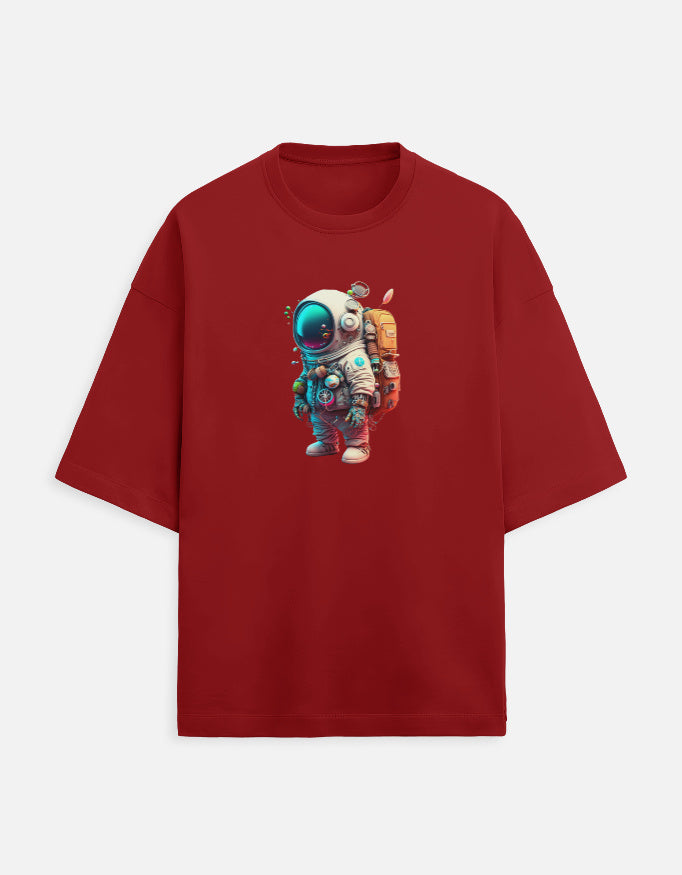 Red t-shirt with colorful cartoon astronaut graphic on front, streetwear apparel