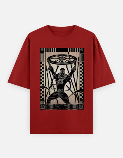 Unisex oversized classic red t-shirt with man holding wheel graphic