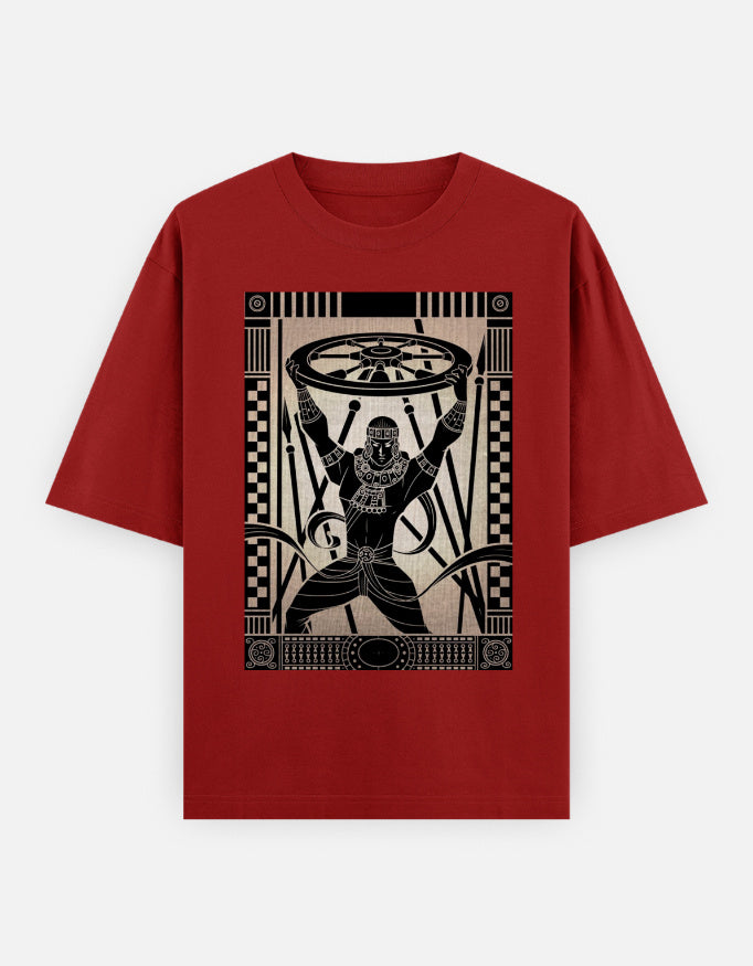 Unisex oversized red t-shirt with man holding wheel graphic