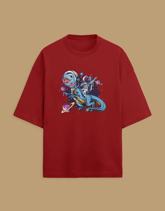 Red t-shirt with astronaut riding dinosaur space graphic and planets design