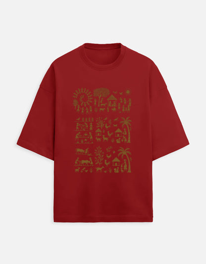 Red oversized unisex terry tee with gold palm tree design