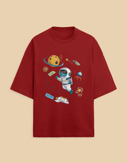 Red t-shirt with cartoon astronaut, planet, and space-themed graphics on front