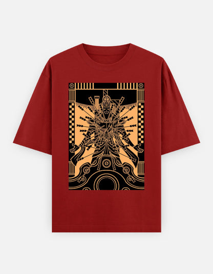Red unisex oversized t-shirt with gold black graphic figure