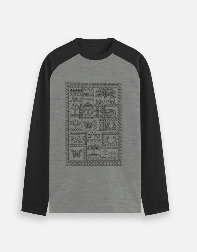 Unisex gray and black raglan t-shirt with symbolic graphic design