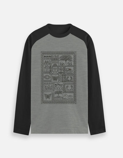 Unisex gray and black raglan t-shirt with symbolic graphic design