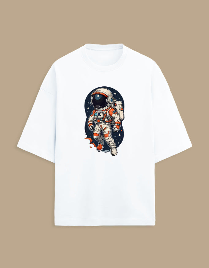 White t-shirt with colorful astronaut graphic against starry space background
