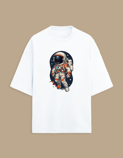 White t-shirt with colorful astronaut graphic against starry space background