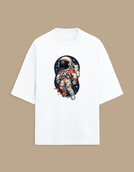 White t-shirt with colorful astronaut graphic against starry space background